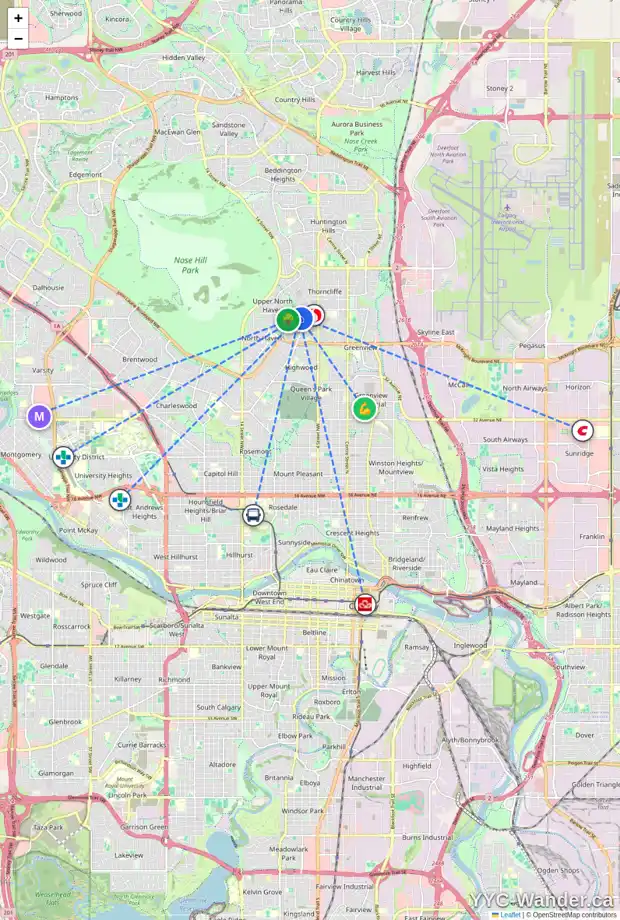 Daily accessibility map for 727 TRAFFORD DR NW, Calgary showing nearby schools, grocery stores, parks, LRT stations and nearby amenities