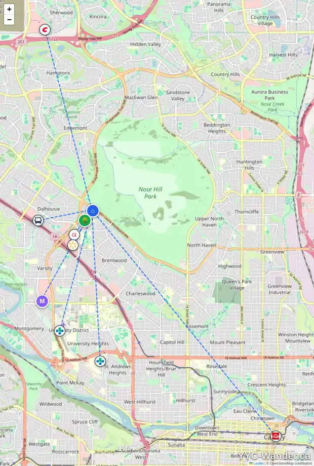 Daily accessibility map for 5698 BRENNER CR NW, Calgary showing nearby schools, grocery stores, parks, LRT stations and nearby amenities