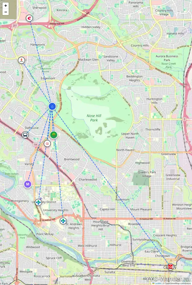 Daily accessibility map for 9 EDELWEISS PT NW, Calgary showing nearby schools, grocery stores, parks, LRT stations and nearby amenities