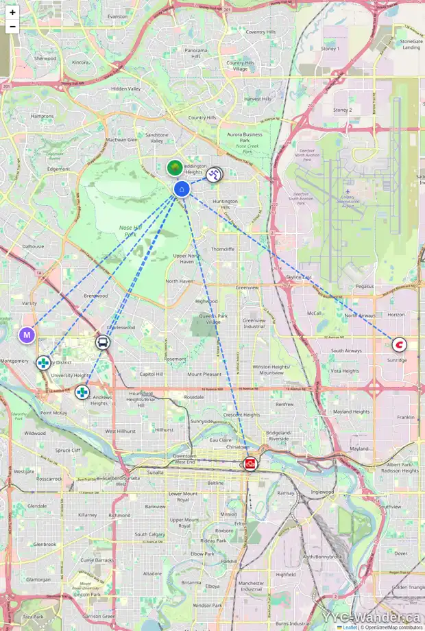Daily accessibility map for 7860 HUNTERBURN HL NW, Calgary showing nearby schools, grocery stores, parks, LRT stations and nearby amenities