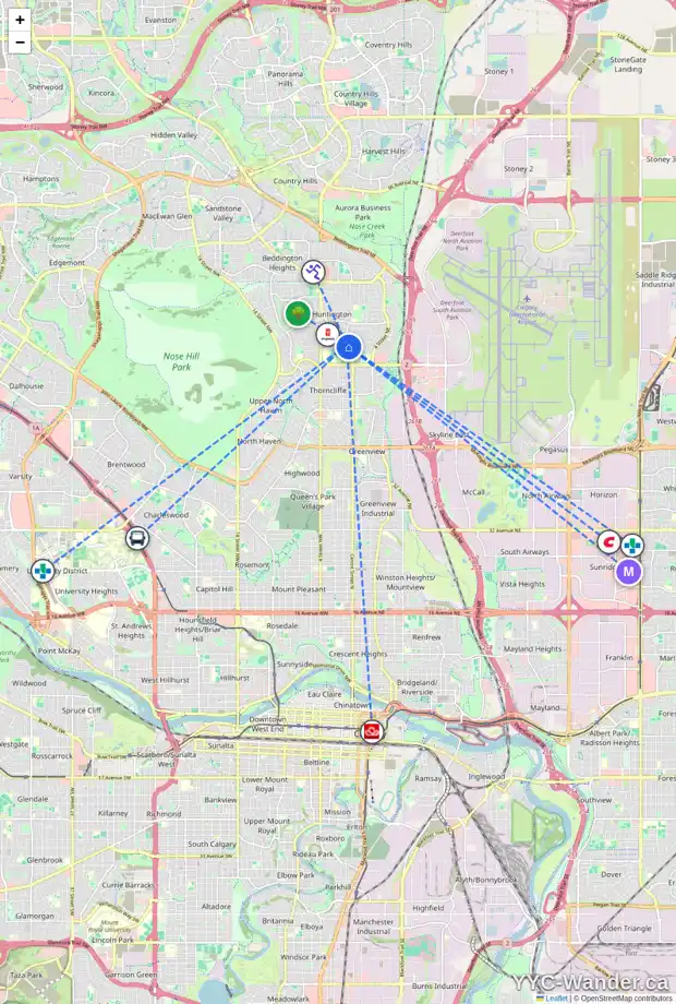 Daily accessibility map for 216 68 AV NE, Calgary showing nearby schools, grocery stores, parks, LRT stations and nearby amenities