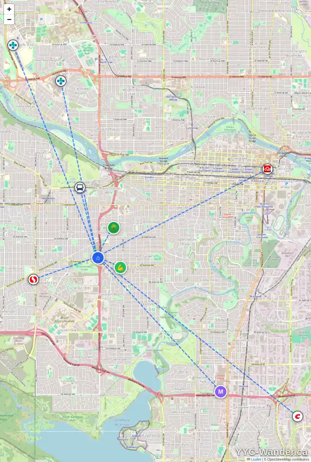 Daily accessibility map for 3224 24A ST SW, Calgary showing nearby schools, grocery stores, parks, LRT stations and nearby amenities