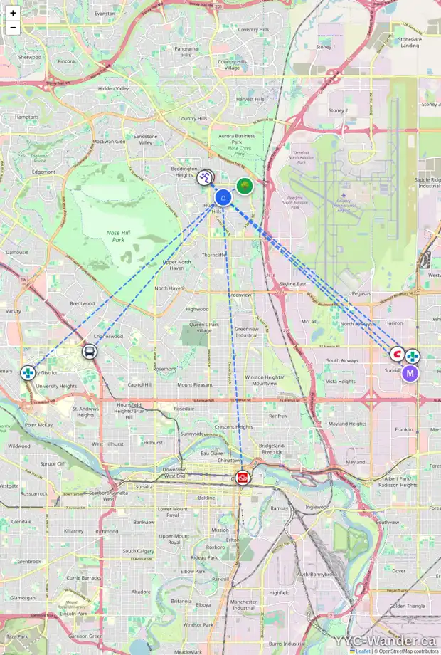 Daily accessibility map for 4 HUNTHAM RD NE, Calgary showing nearby schools, grocery stores, parks, LRT stations and nearby amenities