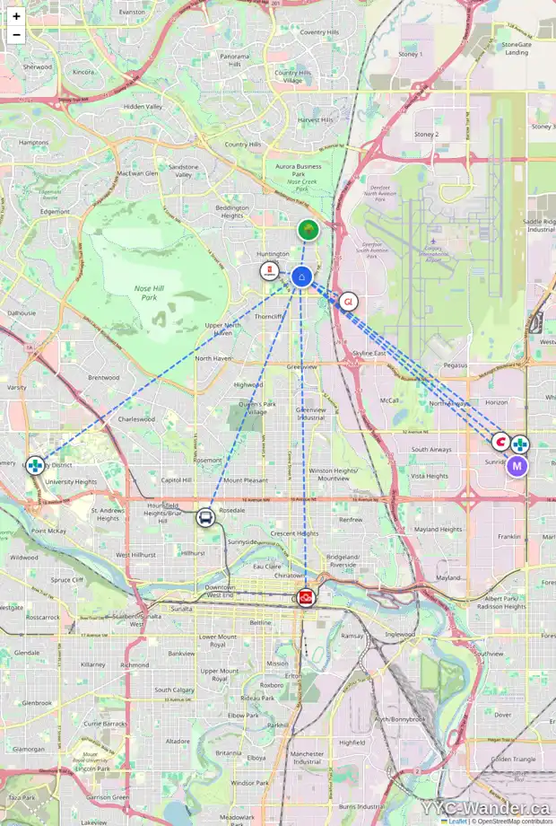 Daily accessibility map for 6832 HUNTCHESTER RD NE, Calgary showing nearby schools, grocery stores, parks, LRT stations and nearby amenities