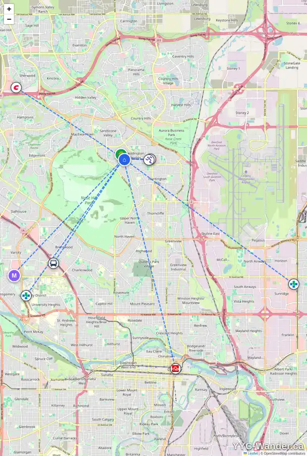 Daily accessibility map for 58 BERMONDSEY RD NW, Calgary showing nearby schools, grocery stores, parks, LRT stations and nearby amenities