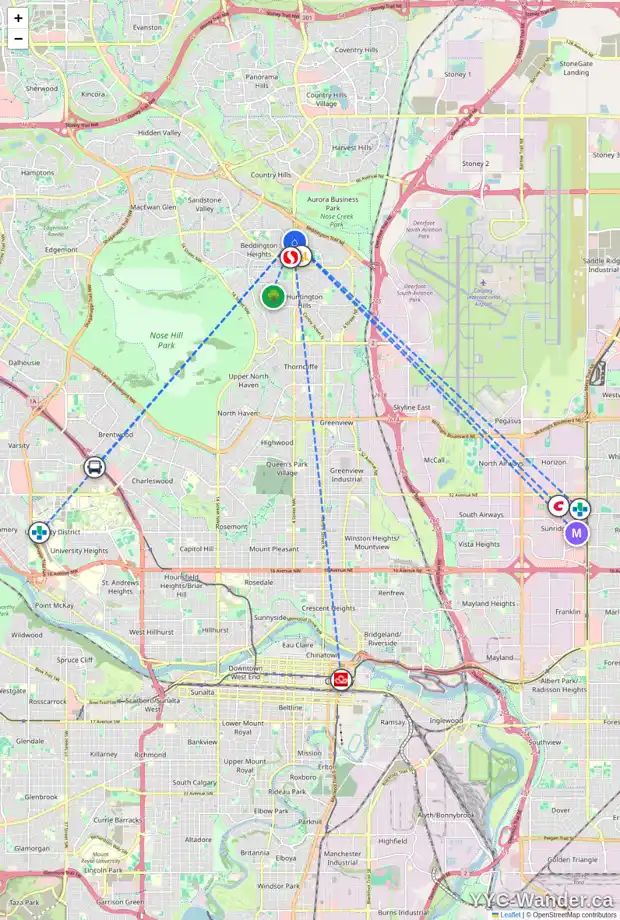 Daily accessibility map for 8343 CENTRE ST NW, Calgary showing nearby schools, grocery stores, parks, LRT stations and nearby amenities