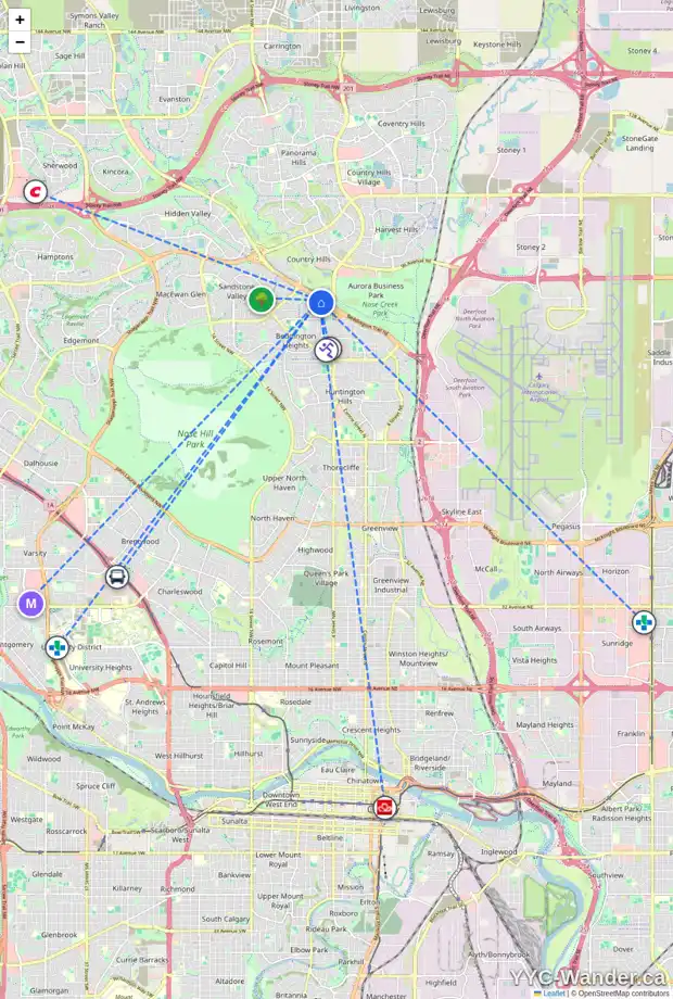 Daily accessibility map for 60 BERNARD WY NW, Calgary showing nearby schools, grocery stores, parks, LRT stations and nearby amenities