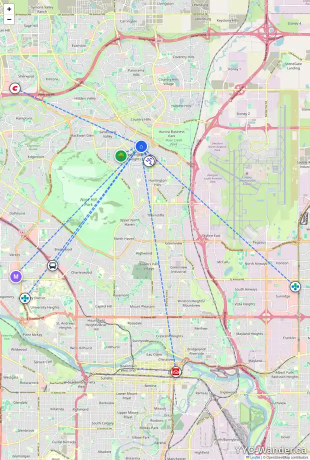Daily accessibility map for 71 BERNARD CO NW, Calgary showing nearby schools, grocery stores, parks, LRT stations and nearby amenities