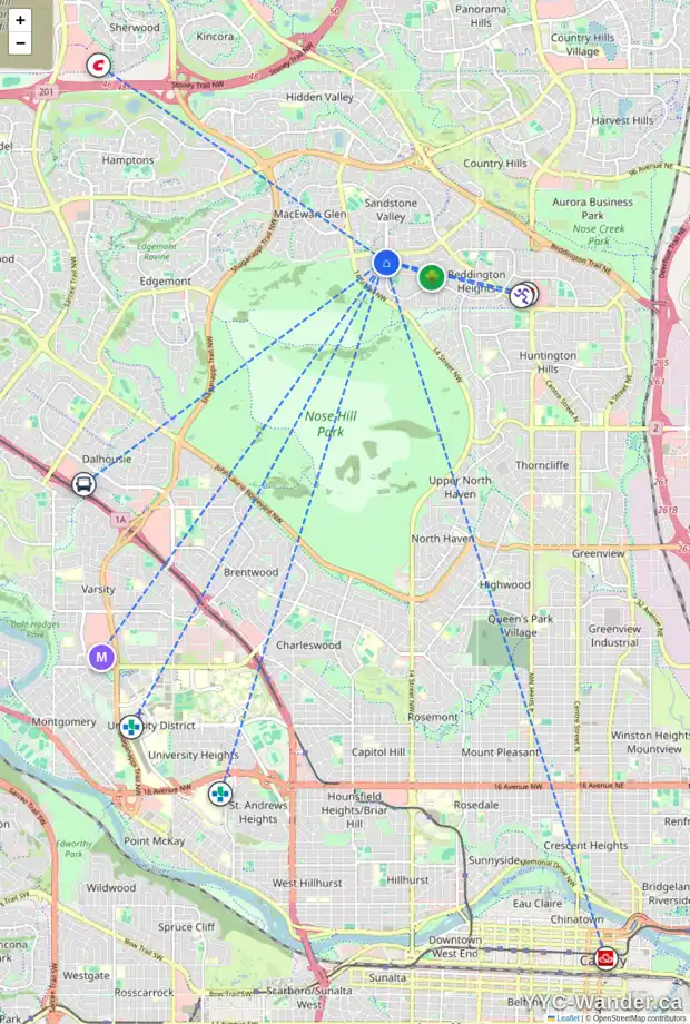 Daily accessibility map for 1475 BERKLEY DR NW, Calgary showing nearby schools, grocery stores, parks, LRT stations and nearby amenities