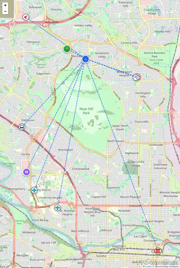 Daily accessibility map for 32 MACEWAN PARK WY NW, Calgary showing nearby schools, grocery stores, parks, LRT stations and nearby amenities