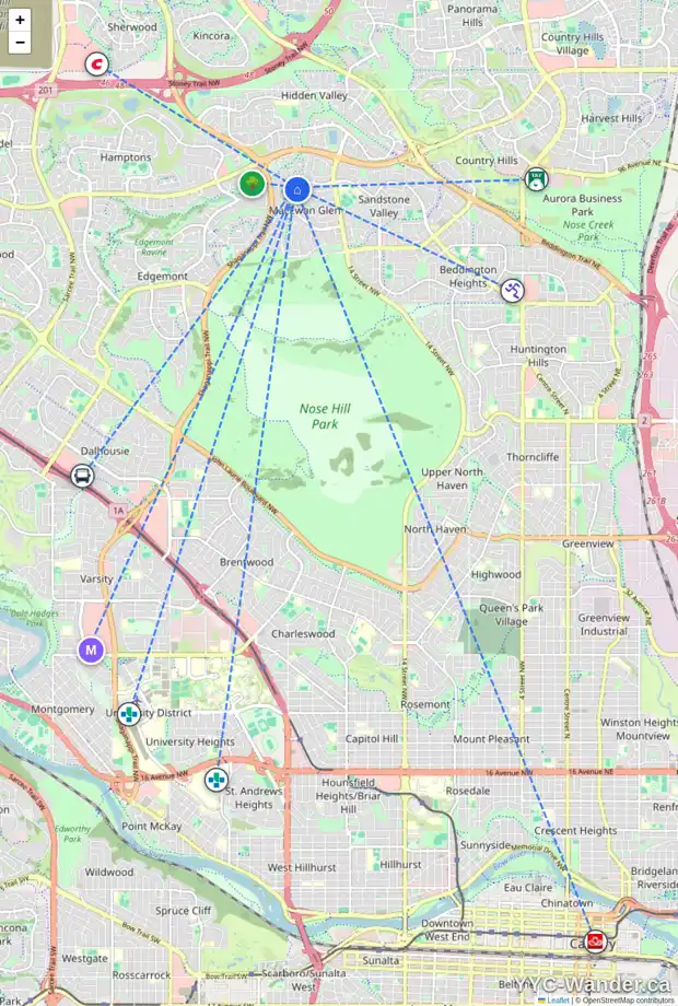 Daily accessibility map for 531 MACEWAN DR NW, Calgary showing nearby schools, grocery stores, parks, LRT stations and nearby amenities