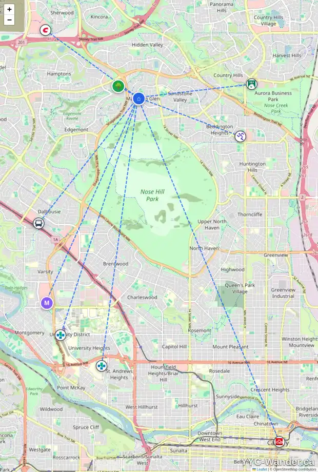 Daily accessibility map for 251 MACEWAN DR NW, Calgary showing nearby schools, grocery stores, parks, LRT stations and nearby amenities