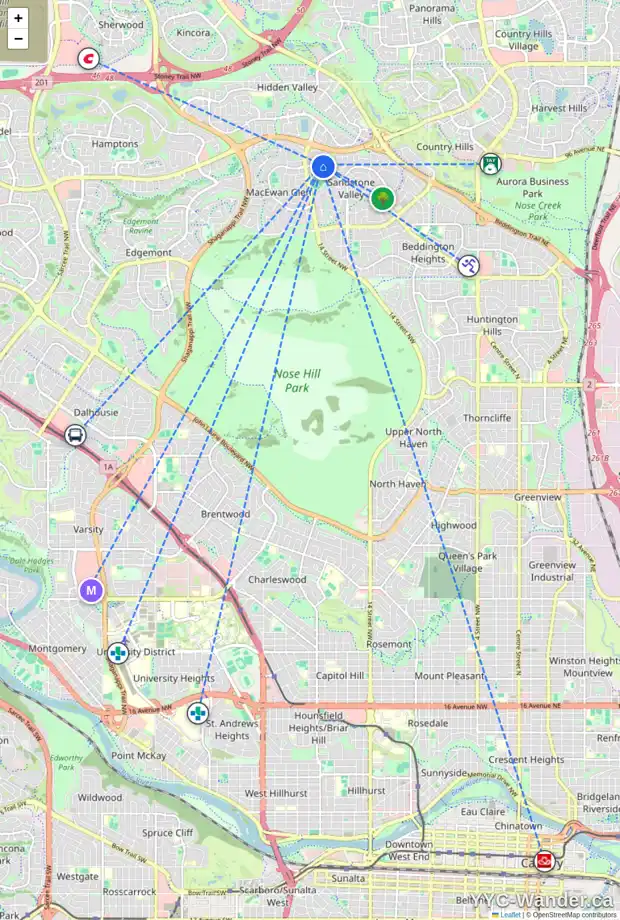 Daily accessibility map for 352 SANDARAC DR NW, Calgary showing nearby schools, grocery stores, parks, LRT stations and nearby amenities