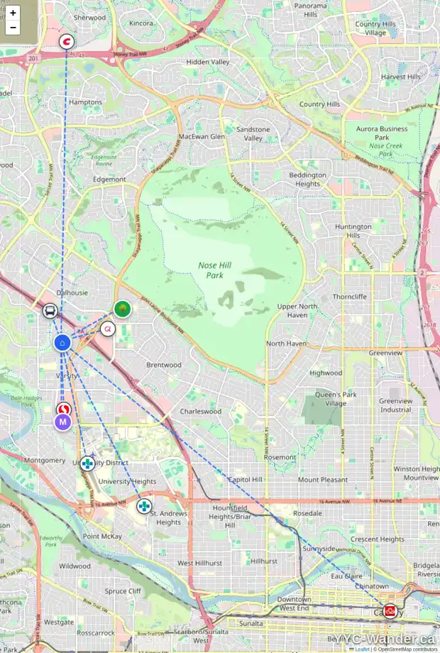 Daily accessibility map for 5007 48 ST NW, Calgary showing nearby schools, grocery stores, parks, LRT stations and nearby amenities