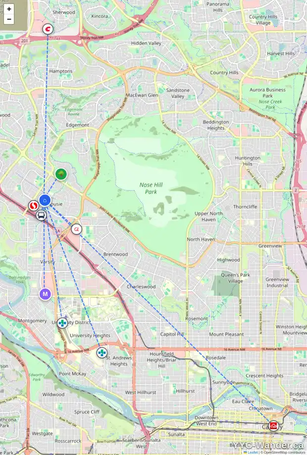 Daily accessibility map for 6003 DALFORD HL NW, Calgary showing nearby schools, grocery stores, parks, LRT stations and nearby amenities