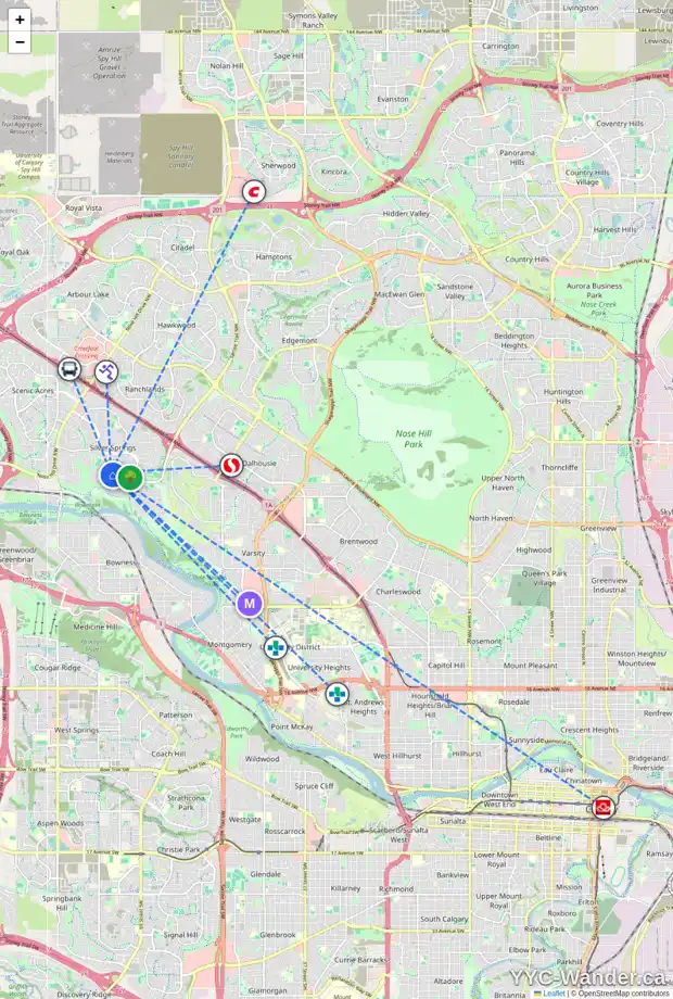 Daily accessibility map for 253 SILVER RIDGE CR NW, Calgary showing nearby schools, grocery stores, parks, LRT stations and nearby amenities