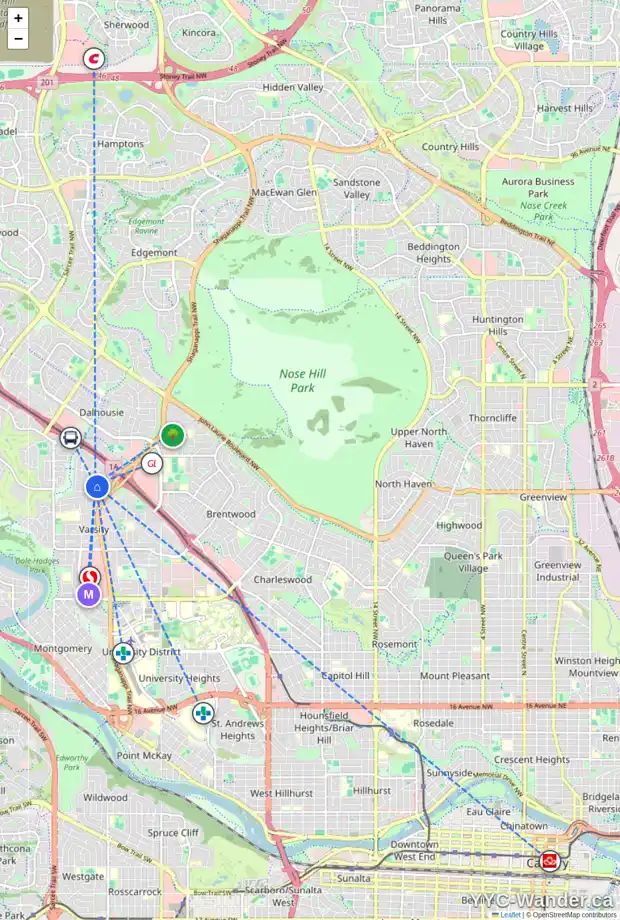 Daily accessibility map for 4819 49 AV NW, Calgary showing nearby schools, grocery stores, parks, LRT stations and nearby amenities