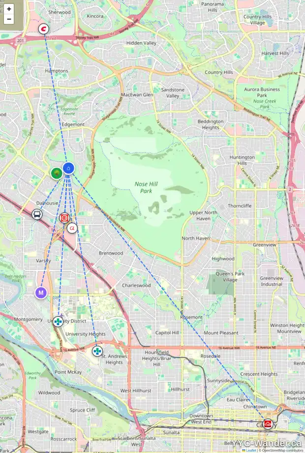 Daily accessibility map for 888 EDGEMONT RD NW, Calgary showing nearby schools, grocery stores, parks, LRT stations and nearby amenities