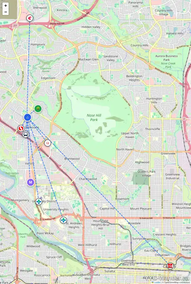 Daily accessibility map for 5331 DALHURST CR NW, Calgary showing nearby schools, grocery stores, parks, LRT stations and nearby amenities