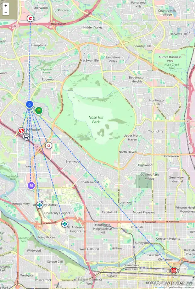Daily accessibility map for 15 EDGEDALE RD NW, Calgary showing nearby schools, grocery stores, parks, LRT stations and nearby amenities