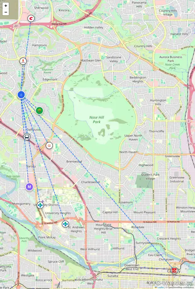 Daily accessibility map for 23 EDGEHILL BA NW, Calgary showing nearby schools, grocery stores, parks, LRT stations and nearby amenities