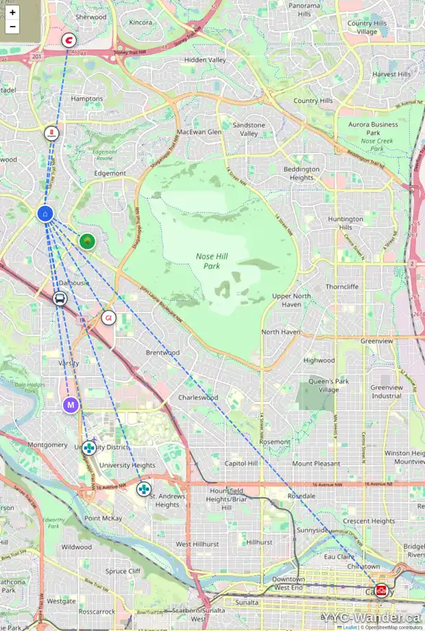 Daily accessibility map for 115 EDGEHILL DR NW, Calgary showing nearby schools, grocery stores, parks, LRT stations and nearby amenities