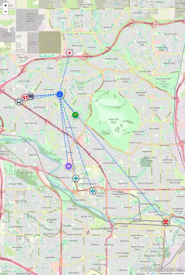 Daily accessibility map for 300 HAWKCLIFF WY NW, Calgary showing nearby schools, grocery stores, parks, LRT stations and nearby amenities