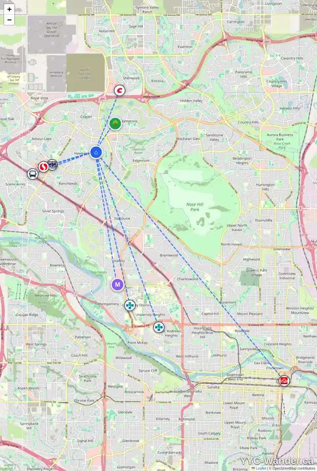 Daily accessibility map for 121 HAWKFORD CO NW, Calgary showing nearby schools, grocery stores, parks, LRT stations and nearby amenities