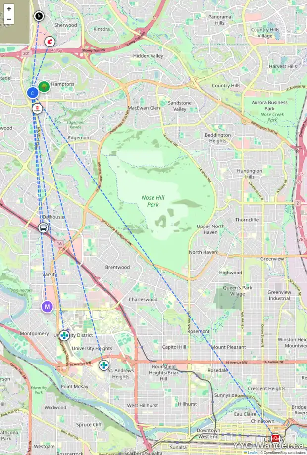 Daily accessibility map for 239 HAMPSHIRE PL NW, Calgary showing nearby schools, grocery stores, parks, LRT stations and nearby amenities