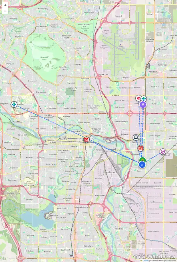 Daily accessibility map for 3235 30A AV SE, Calgary showing nearby schools, grocery stores, parks, LRT stations and nearby amenities