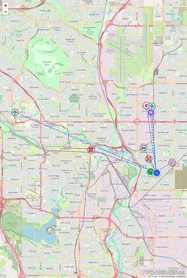 Daily accessibility map for 3836 DOVERDALE CR SE, Calgary showing nearby schools, grocery stores, parks, LRT stations and nearby amenities