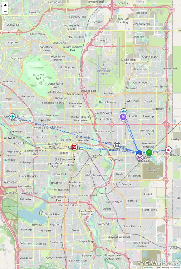 Daily accessibility map for 1511 50 ST SE, Calgary showing nearby schools, grocery stores, parks, LRT stations and nearby amenities
