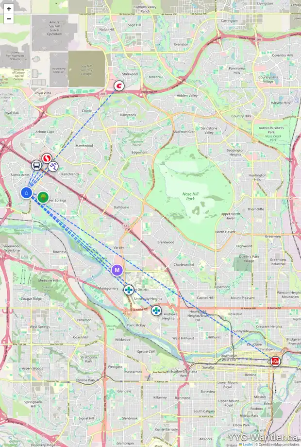Daily accessibility map for 25 SCENIC GLEN CR NW, Calgary showing nearby schools, grocery stores, parks, LRT stations and nearby amenities