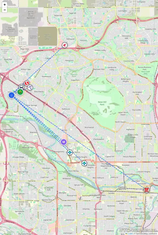 Daily accessibility map for 225 SCENIC HILL CL NW, Calgary showing nearby schools, grocery stores, parks, LRT stations and nearby amenities