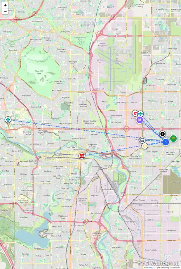 Daily accessibility map for 5548 4 AV NE, Calgary showing nearby schools, grocery stores, parks, LRT stations and nearby amenities