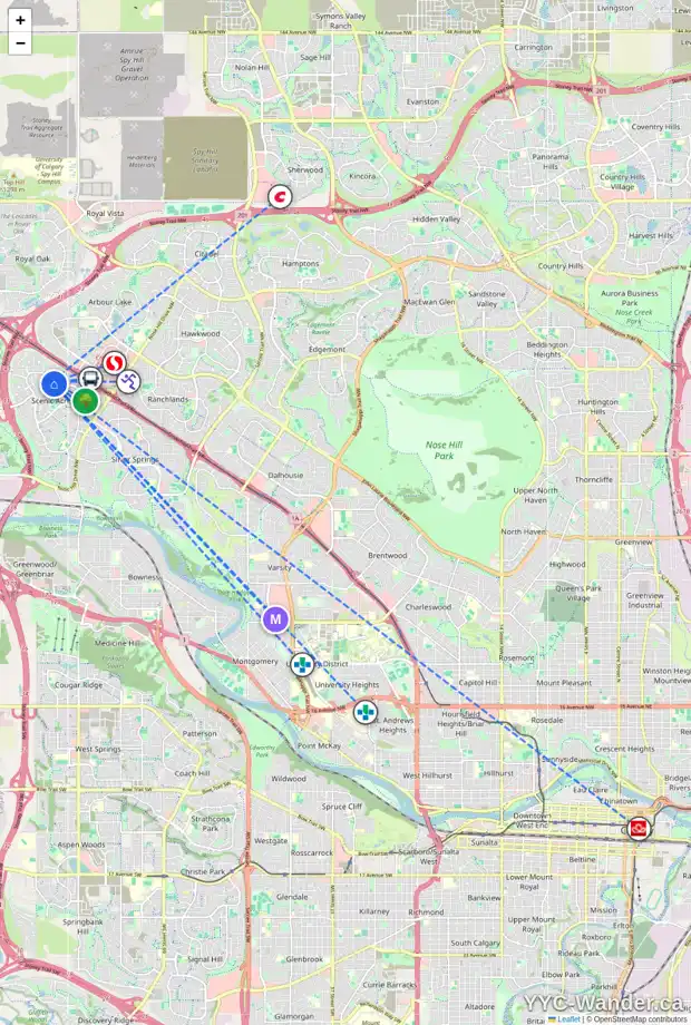 Daily accessibility map for 8951 SCURFIELD DR NW, Calgary showing nearby schools, grocery stores, parks, LRT stations and nearby amenities
