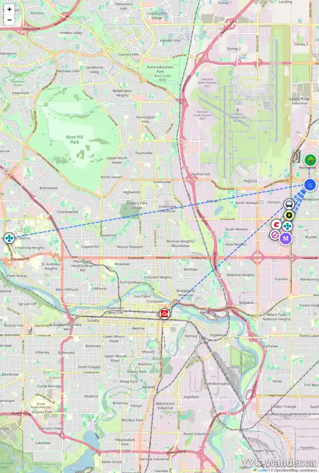 Daily accessibility map for 240 WHITEHAVEN RD NE, Calgary showing nearby schools, grocery stores, parks, LRT stations and nearby amenities
