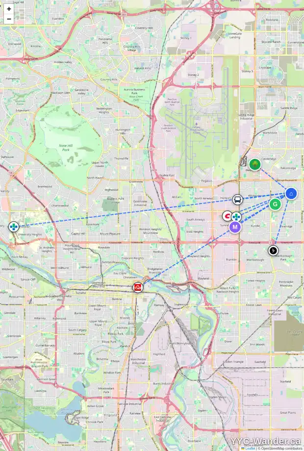 Daily accessibility map for 64 TEMPLEVALE WY NE, Calgary showing nearby schools, grocery stores, parks, LRT stations and nearby amenities