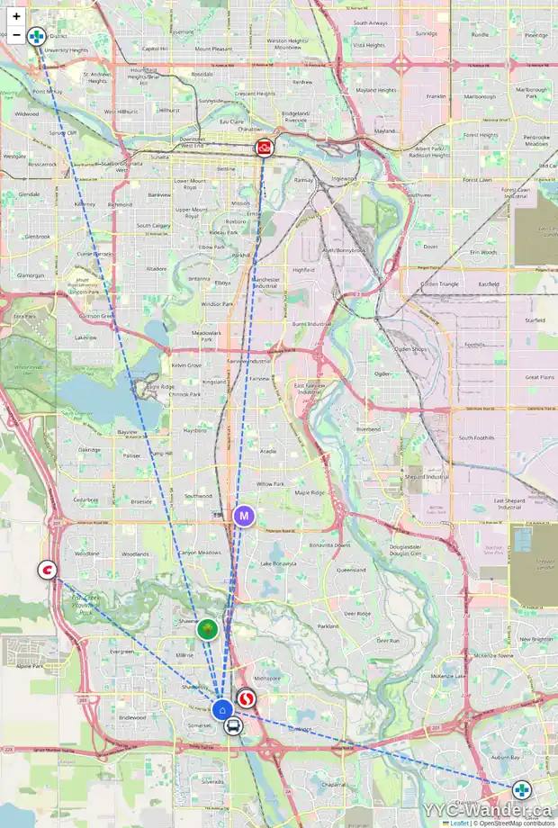 Daily accessibility map for 203 SHAWGLEN RD SW, Calgary showing nearby schools, grocery stores, parks, LRT stations and nearby amenities