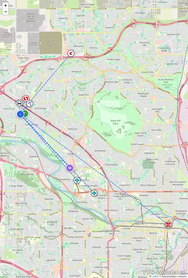 Daily accessibility map for 111 SCENIC WY NW, Calgary showing nearby schools, grocery stores, parks, LRT stations and nearby amenities