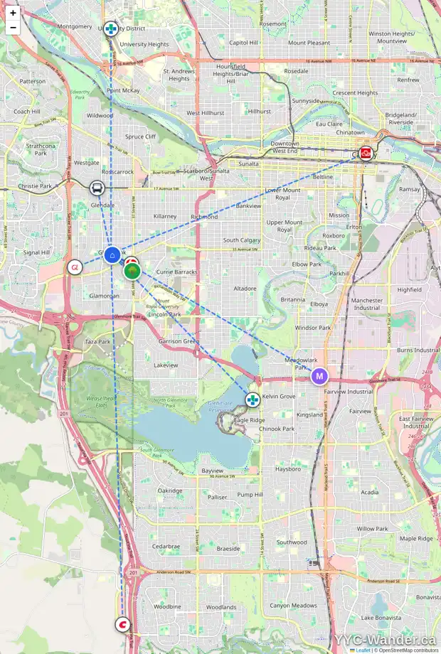 Daily accessibility map for 3524 43 ST SW, Calgary showing nearby schools, grocery stores, parks, LRT stations and nearby amenities