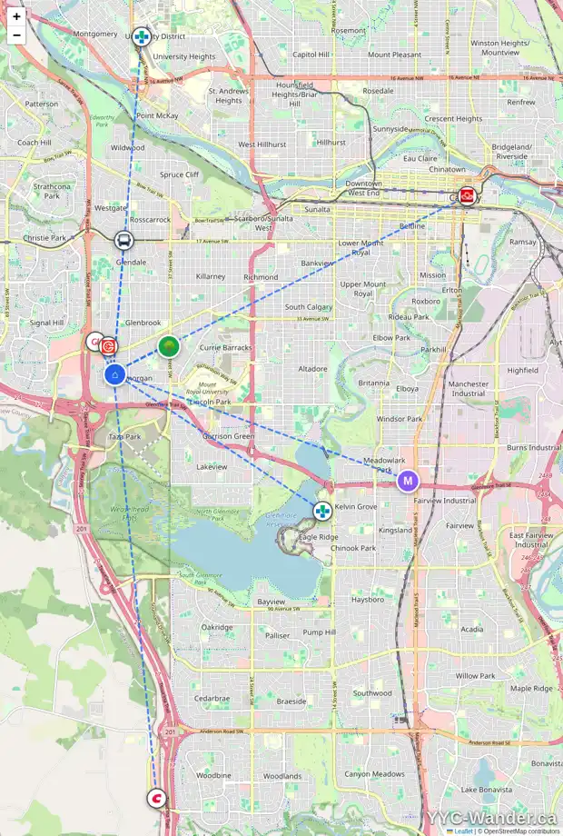 Daily accessibility map for 4816 GLAMORGAN WY SW, Calgary showing nearby schools, grocery stores, parks, LRT stations and nearby amenities