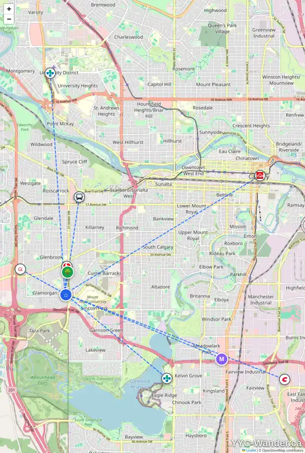 Daily accessibility map for 15 GREENWOOD CR SW, Calgary showing nearby schools, grocery stores, parks, LRT stations and nearby amenities