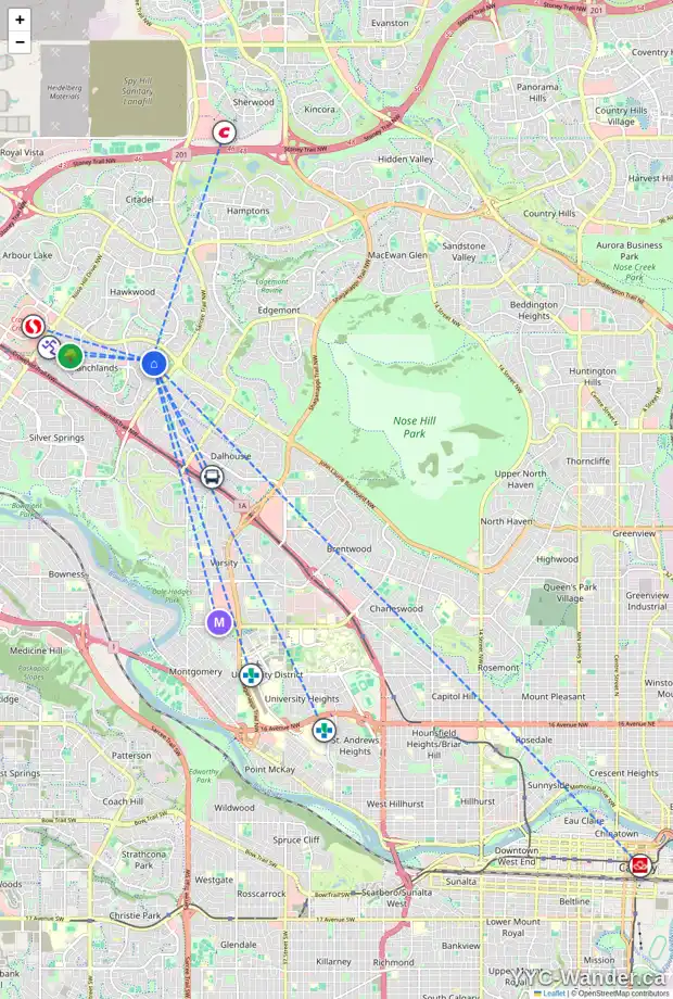 Daily accessibility map for 804 RANCH ESTATES PL NW, Calgary showing nearby schools, grocery stores, parks, LRT stations and nearby amenities
