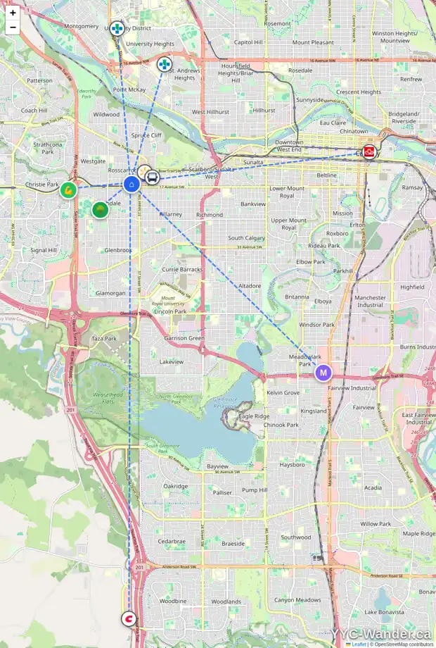 Daily accessibility map for 1621 39 ST SW, Calgary showing nearby schools, grocery stores, parks, LRT stations and nearby amenities
