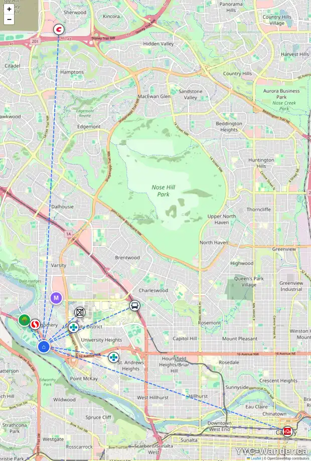 Daily accessibility map for 4612 MONTGOMERY AV NW, Calgary showing nearby schools, grocery stores, parks, LRT stations and nearby amenities