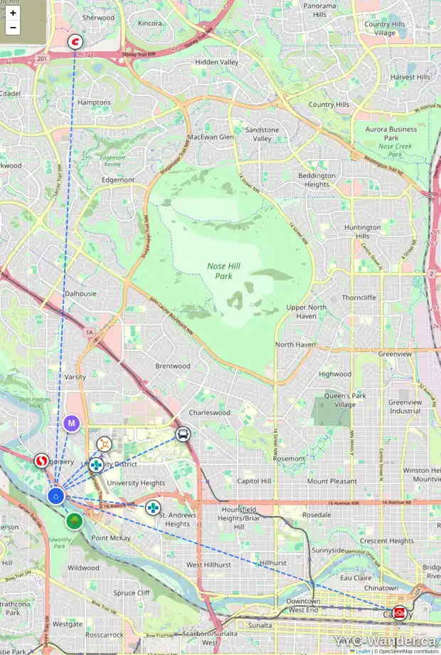 Daily accessibility map for 4603 MONTGOMERY AV NW, Calgary showing nearby schools, grocery stores, parks, LRT stations and nearby amenities