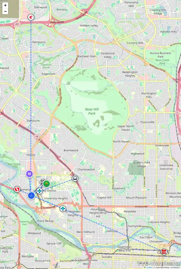 Daily accessibility map for 4528 20 AV NW, Calgary showing nearby schools, grocery stores, parks, LRT stations and nearby amenities