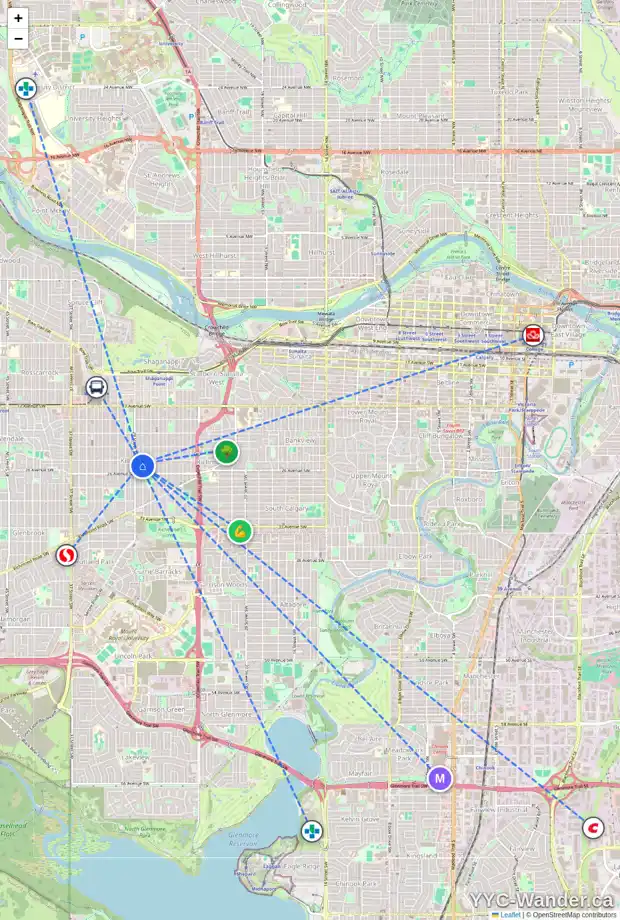 Daily accessibility map for 2611 28 ST SW, Calgary showing nearby schools, grocery stores, parks, LRT stations and nearby amenities