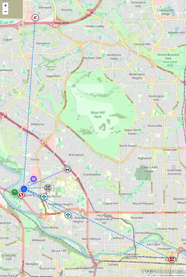 Daily accessibility map for 5015 20 AV NW, Calgary showing nearby schools, grocery stores, parks, LRT stations and nearby amenities
